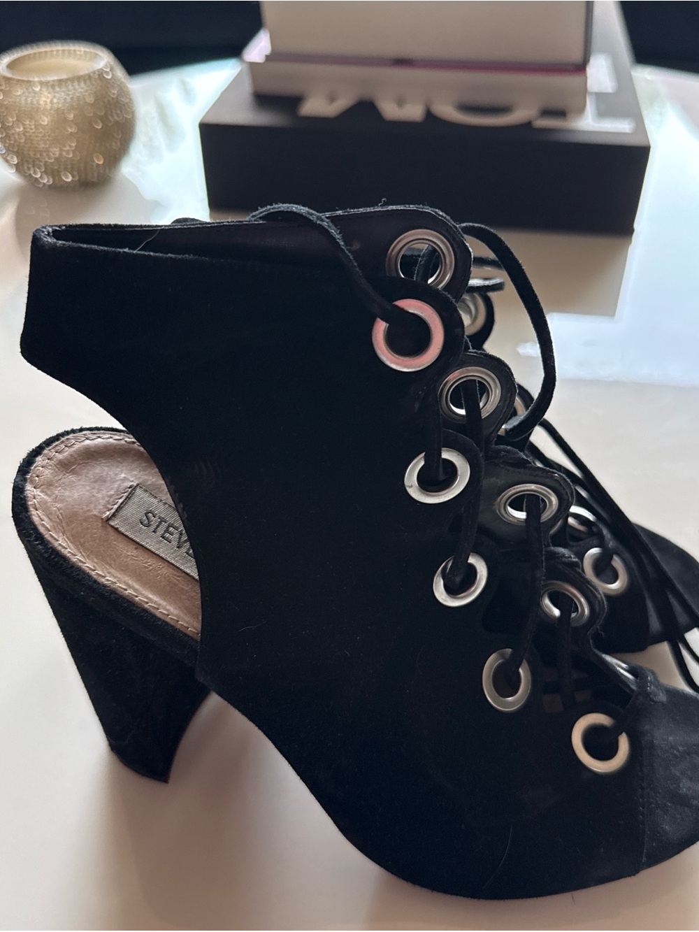 Steve Madden Black Suede Lace-Up Peep Toe Heels with Eyelet Detail